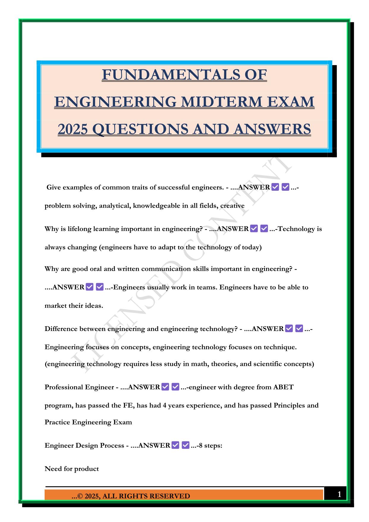 FUNDAMENTALS OF ENGINEERING MIDTERM EXAM 2025 QUESTIONS AND ANSWERS