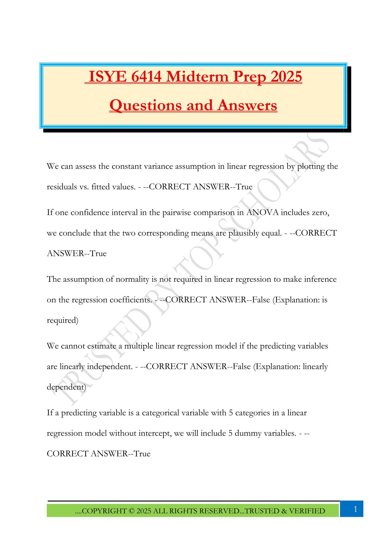 ISYE 6414 Midterm Prep 2025 Questions and Answers
