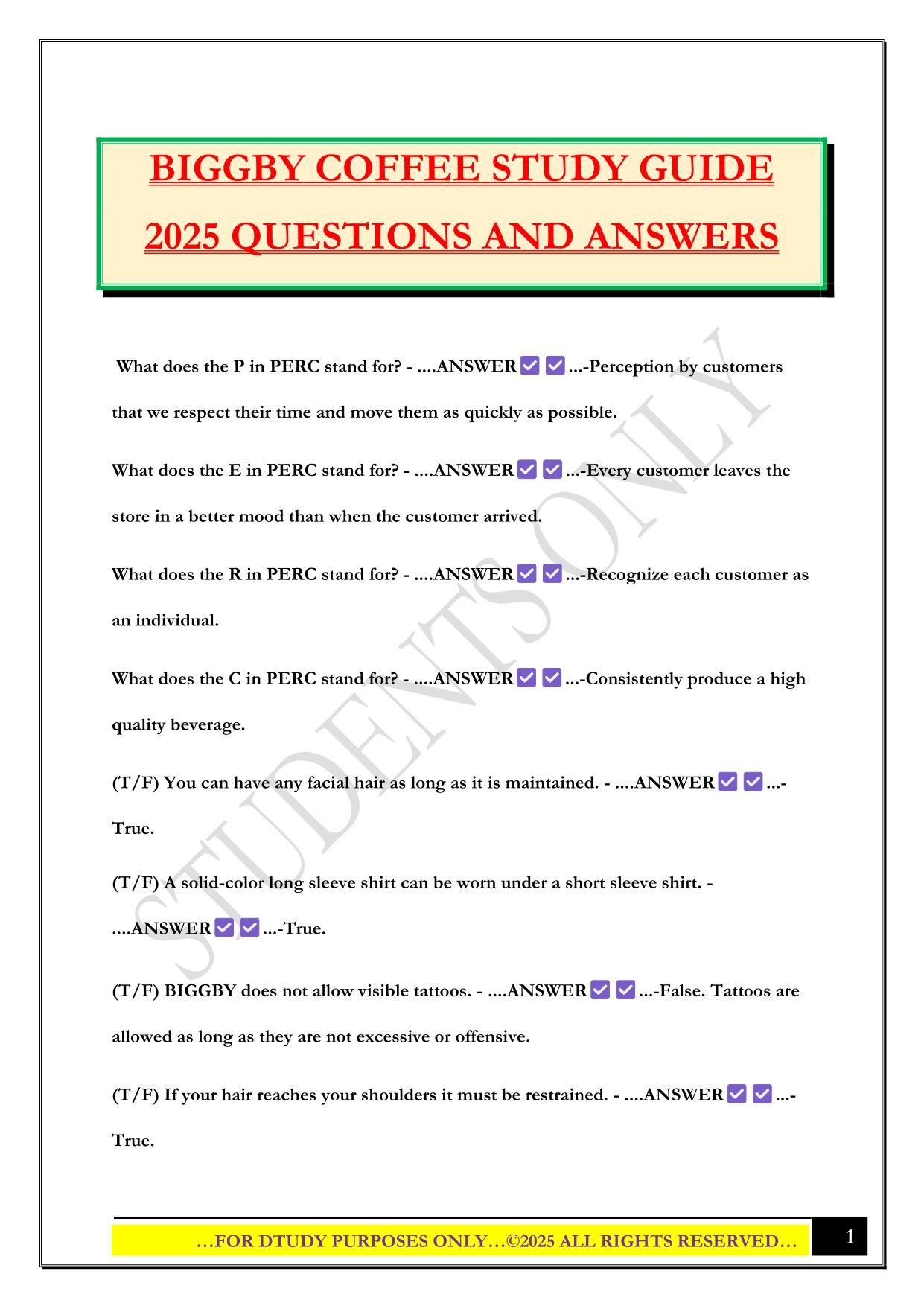 BIGGBY COFFEE STUDY GUIDE 2025 QUESTIONS AND ANSWERS