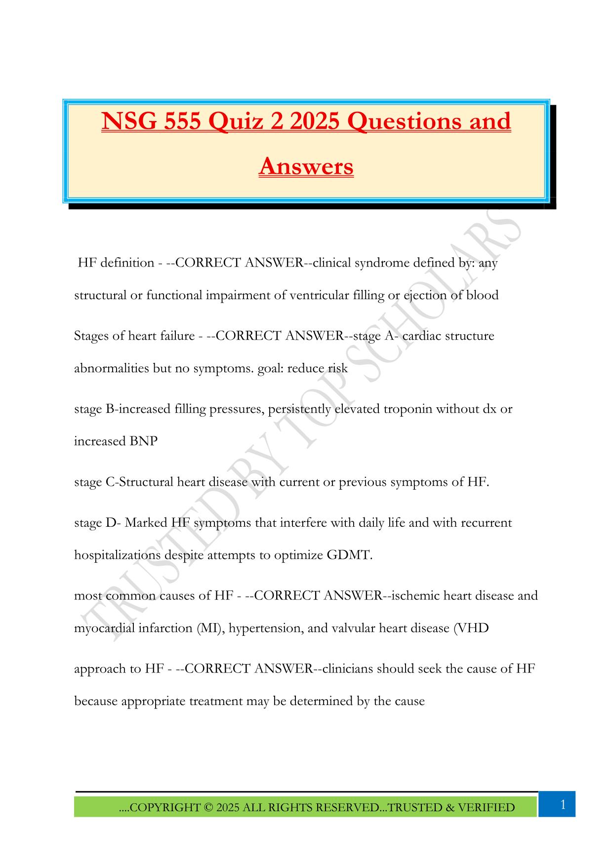 NSG 555 Quiz 2 2025 Questions and Answers