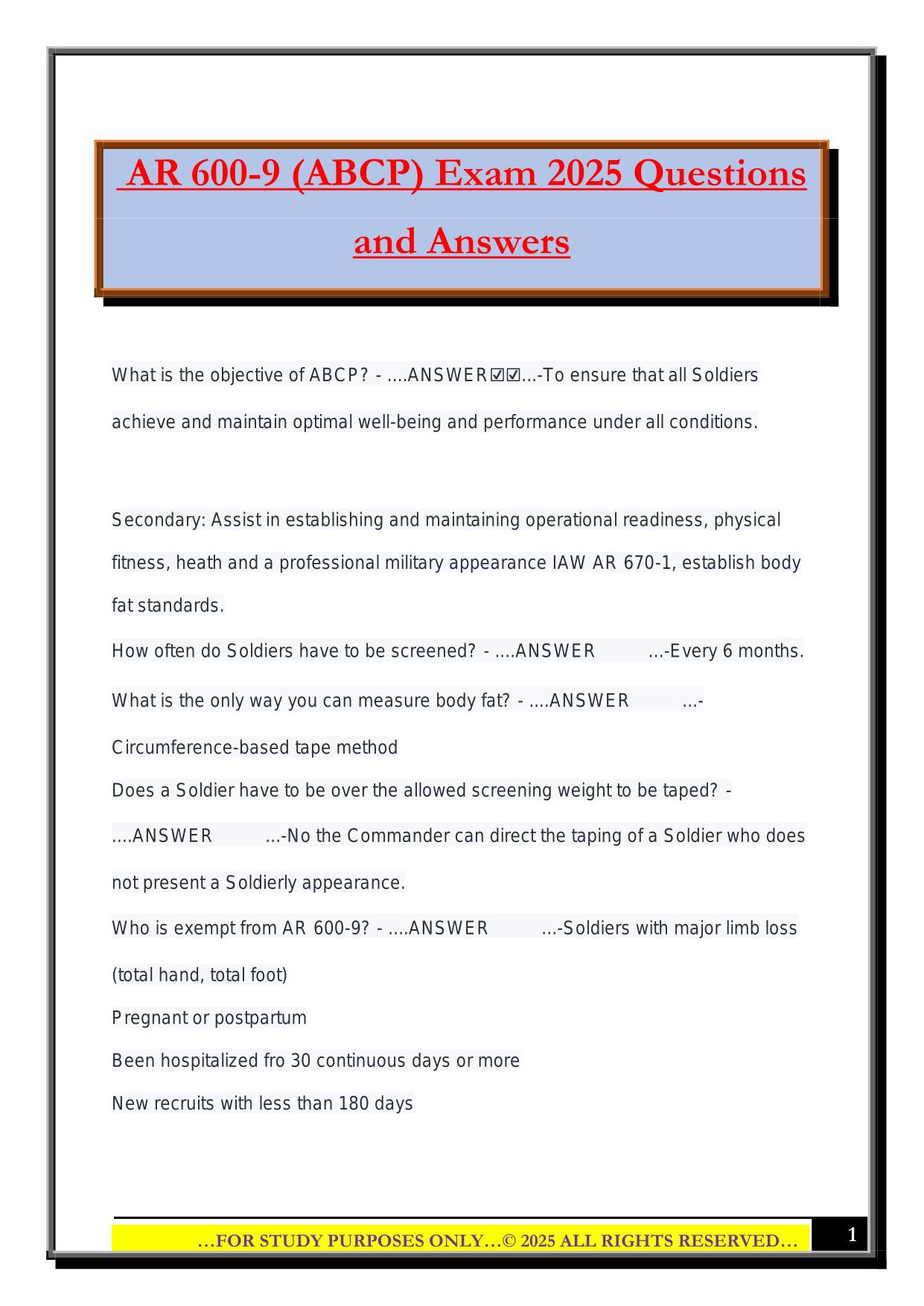 AR 600-9 (ABCP) Exam 2025 Questions and Answers