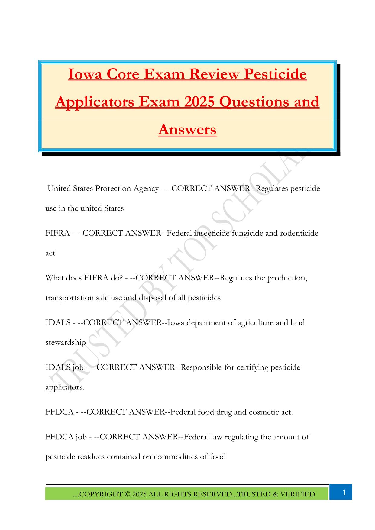Iowa Core Exam Review Pesticide Applicators Exam 2025 Questions and Answers