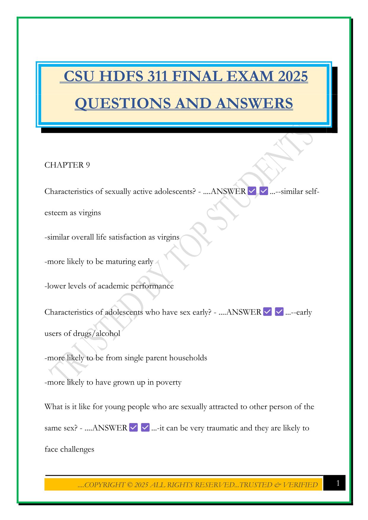 CSU HDFS 311 FINAL EXAM 2025 QUESTIONS AND ANSWERS