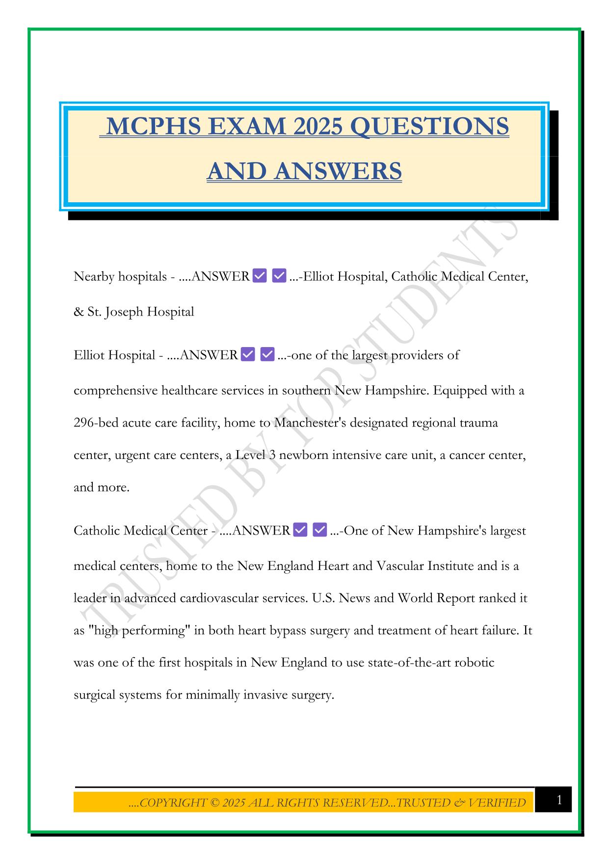 MCPHS EXAM 2025 QUESTIONS AND ANSWERS