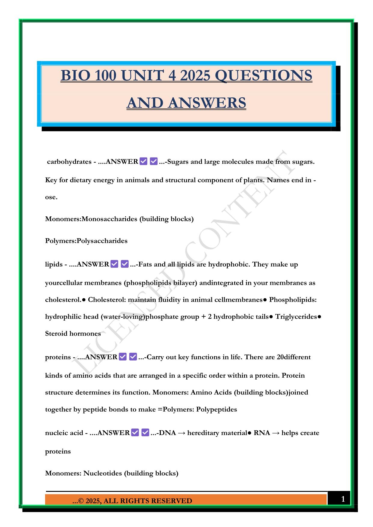 BIO 100 UNIT 4 2025 QUESTIONS AND ANSWERS