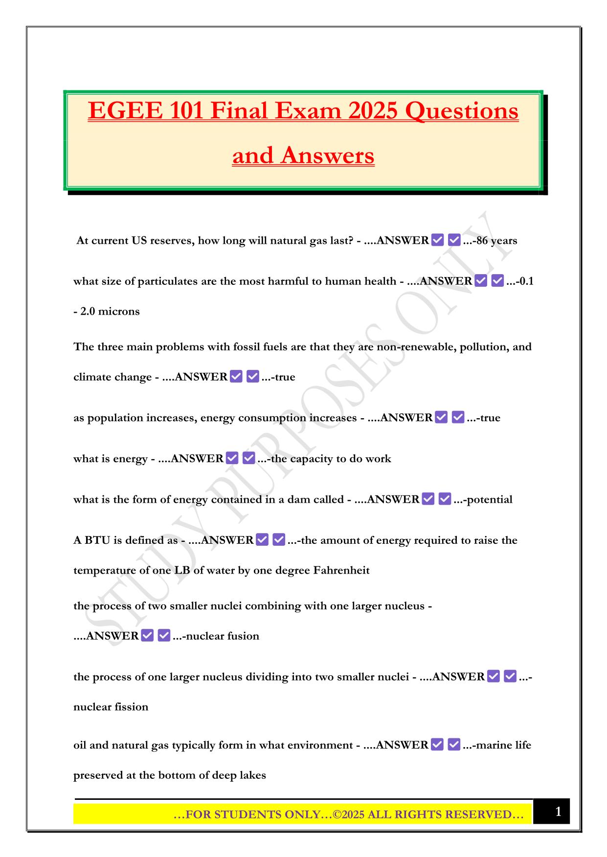 EGEE 101 Final Exam 2025 Questions and Answers