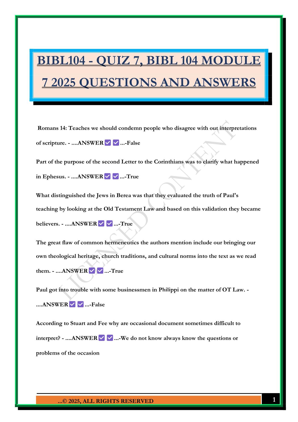 BIBL104 - QUIZ 7, BIBL 104 MODULE 7 2025 QUESTIONS AND ANSWERS