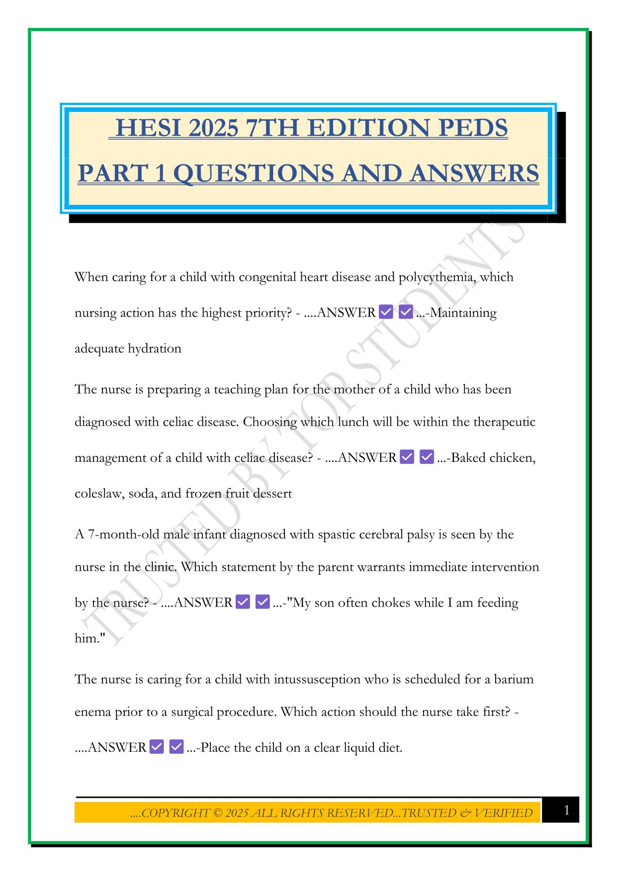 HESI 2025 7TH EDITION PEDS PART 1 QUESTIONS AND ANSWERS