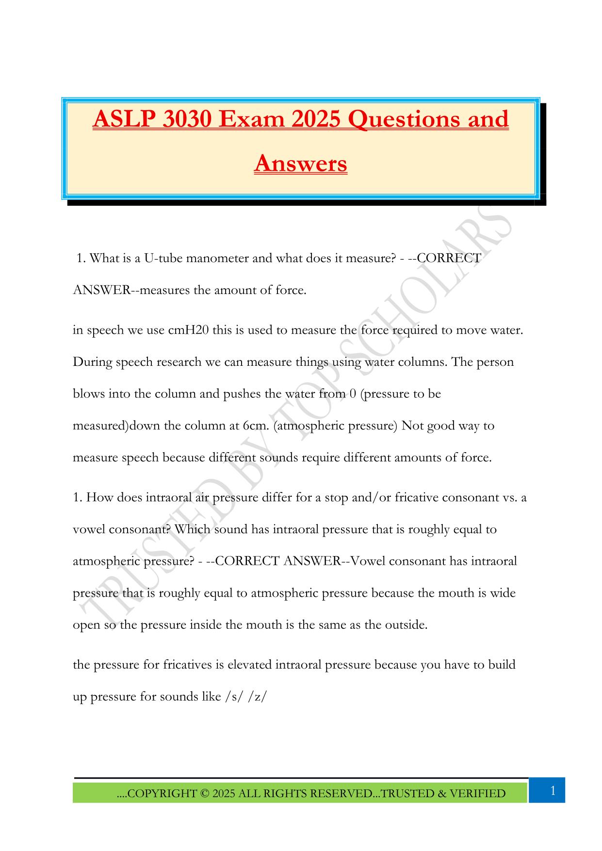 ASLP 3030 Exam 2025 Questions and Answers
