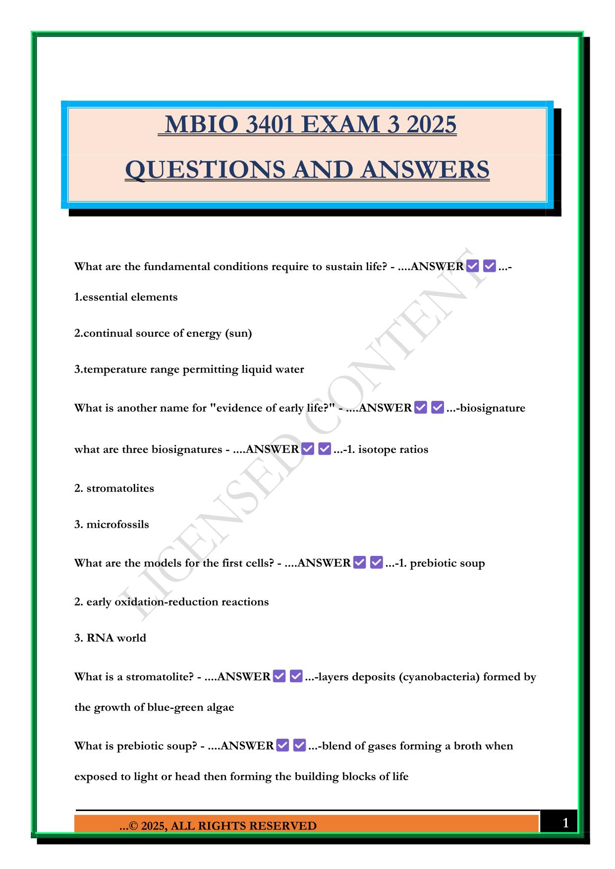 MBIO 3401 EXAM 3 2025 QUESTIONS AND ANSWERS