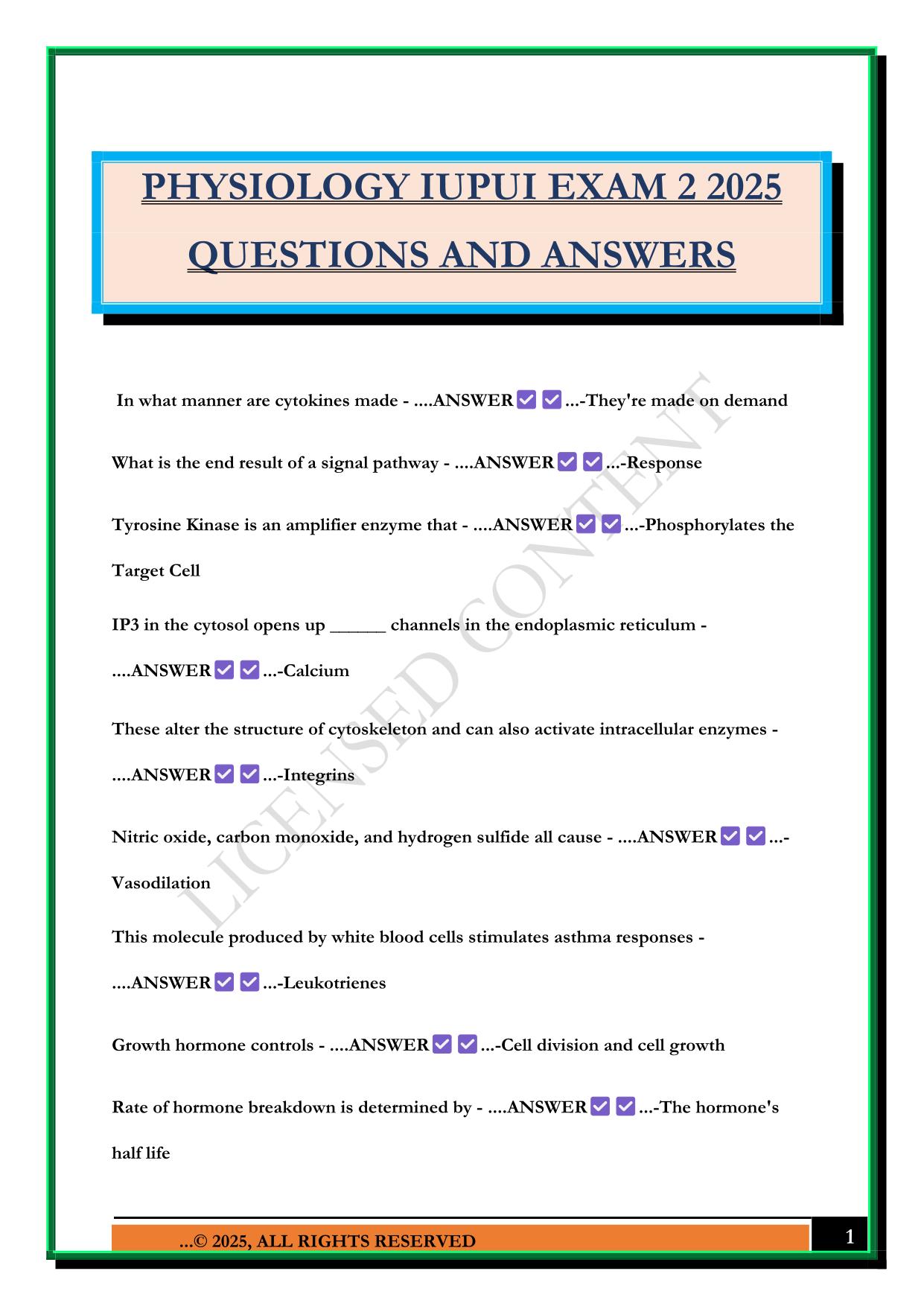 PHYSIOLOGY IUPUI EXAM 2 2025 QUESTIONS AND ANSWERS