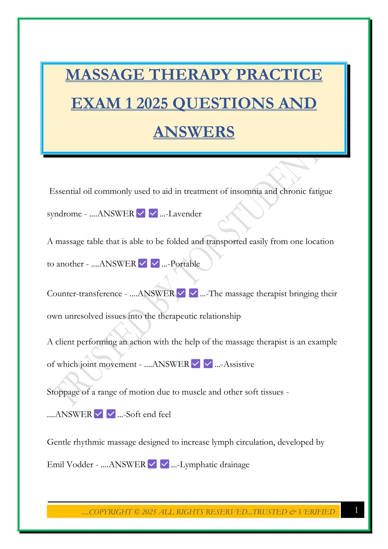 MASSAGE THERAPY PRACTICE EXAM 1 2025 QUESTIONS AND ANSWERS