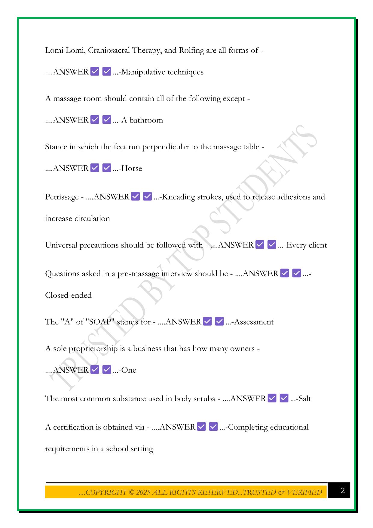 MASSAGE THERAPY PRACTICE EXAM 1 2025 QUESTIONS AND ANSWERS