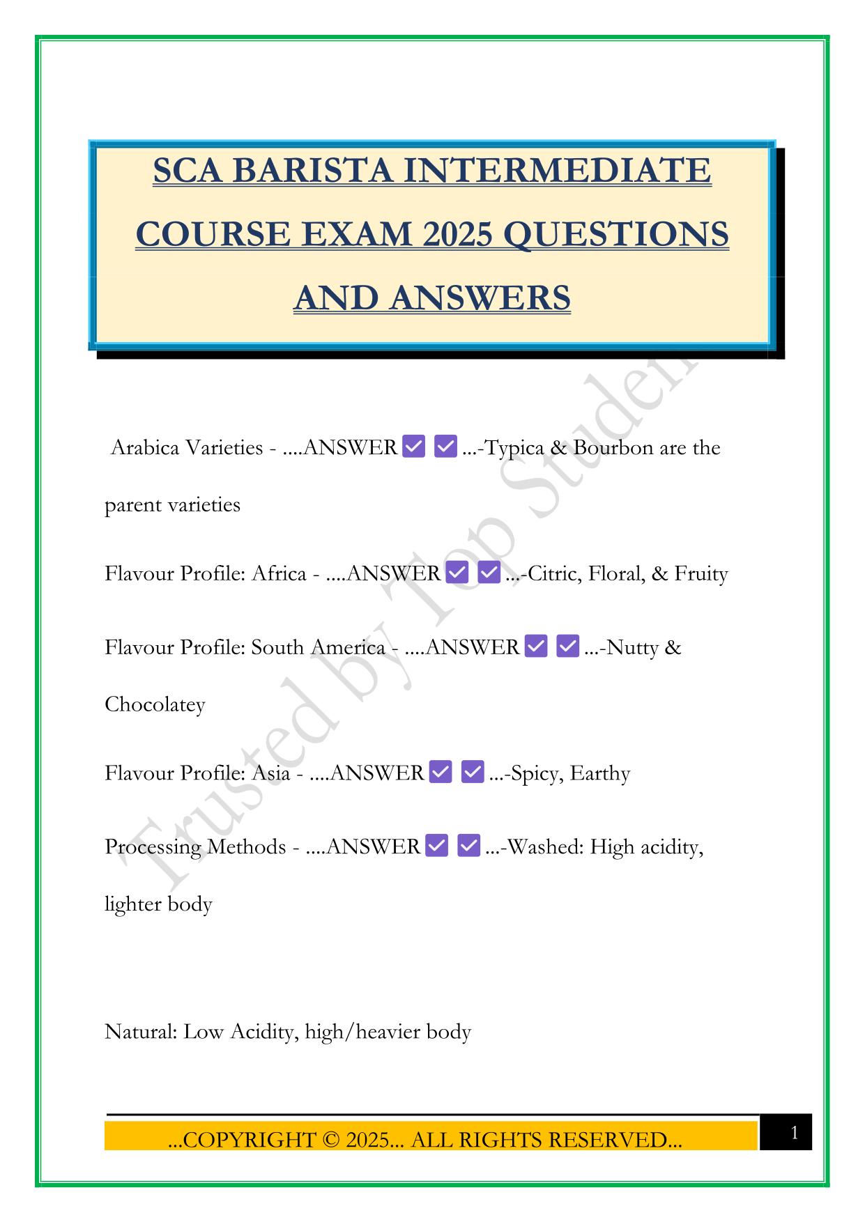 SCA BARISTA INTERMEDIATE COURSE EXAM 2025 QUESTIONS AND ANSWERS