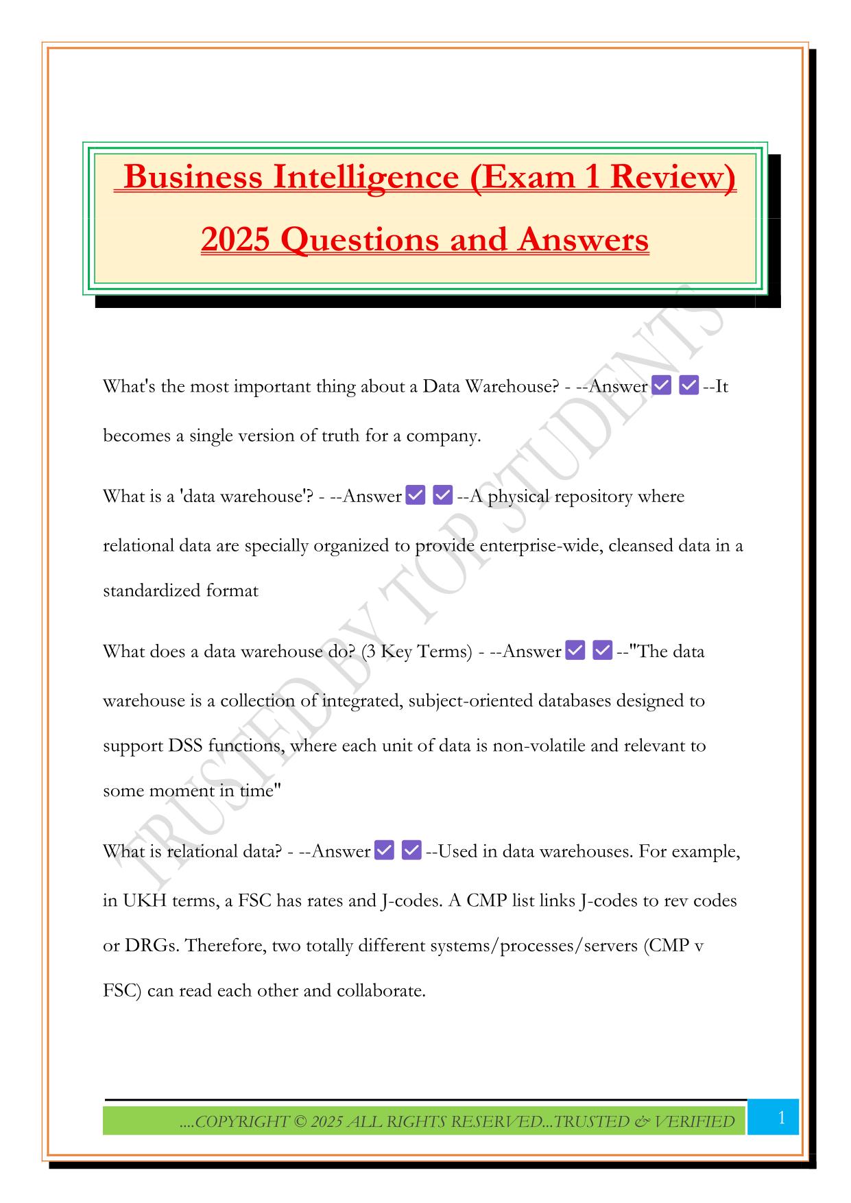 Business Intelligence (Exam 1 Review) 2025 Questions and Answers