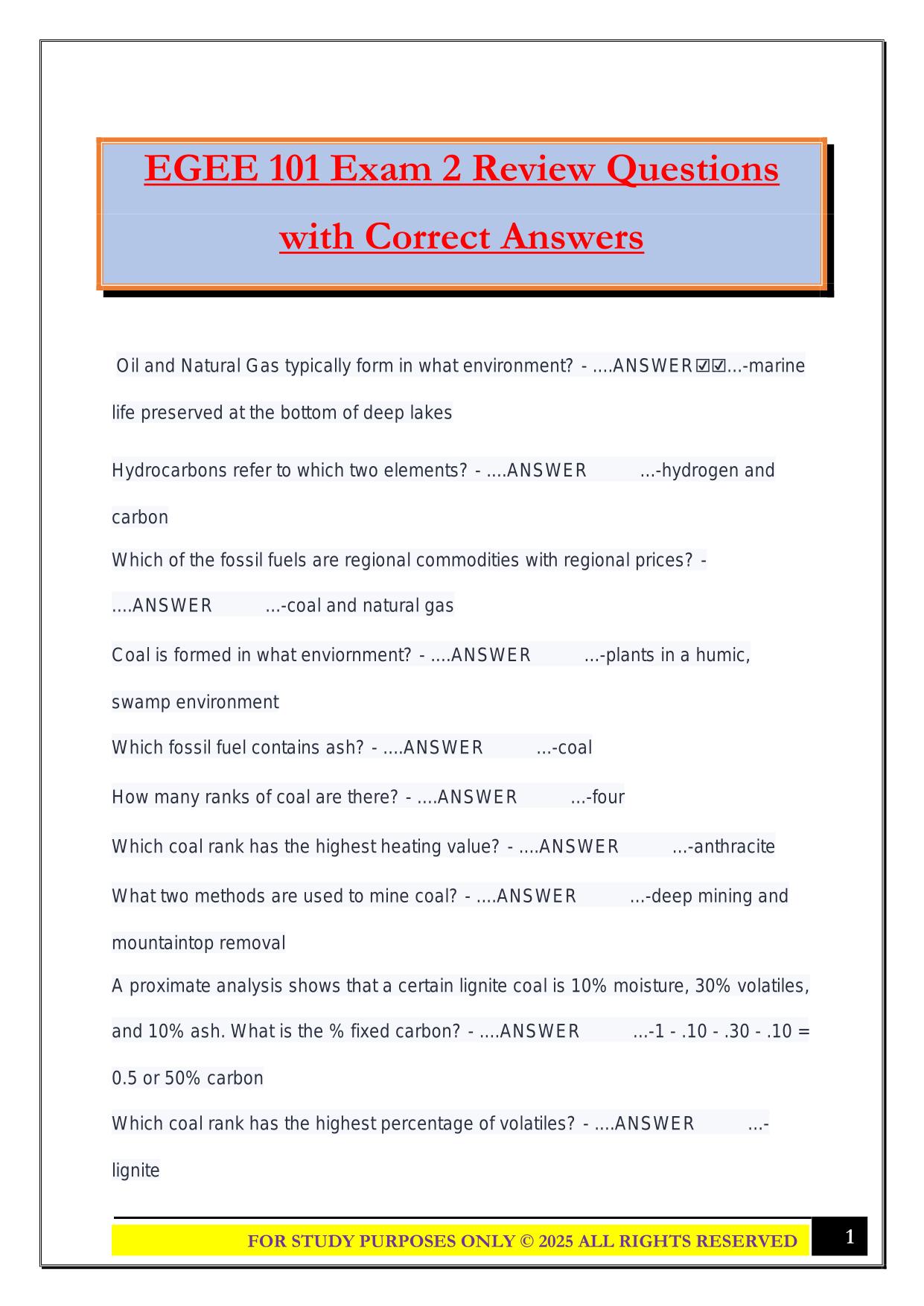 EGEE 101 Exam 2 Review Questions with Correct Answers
