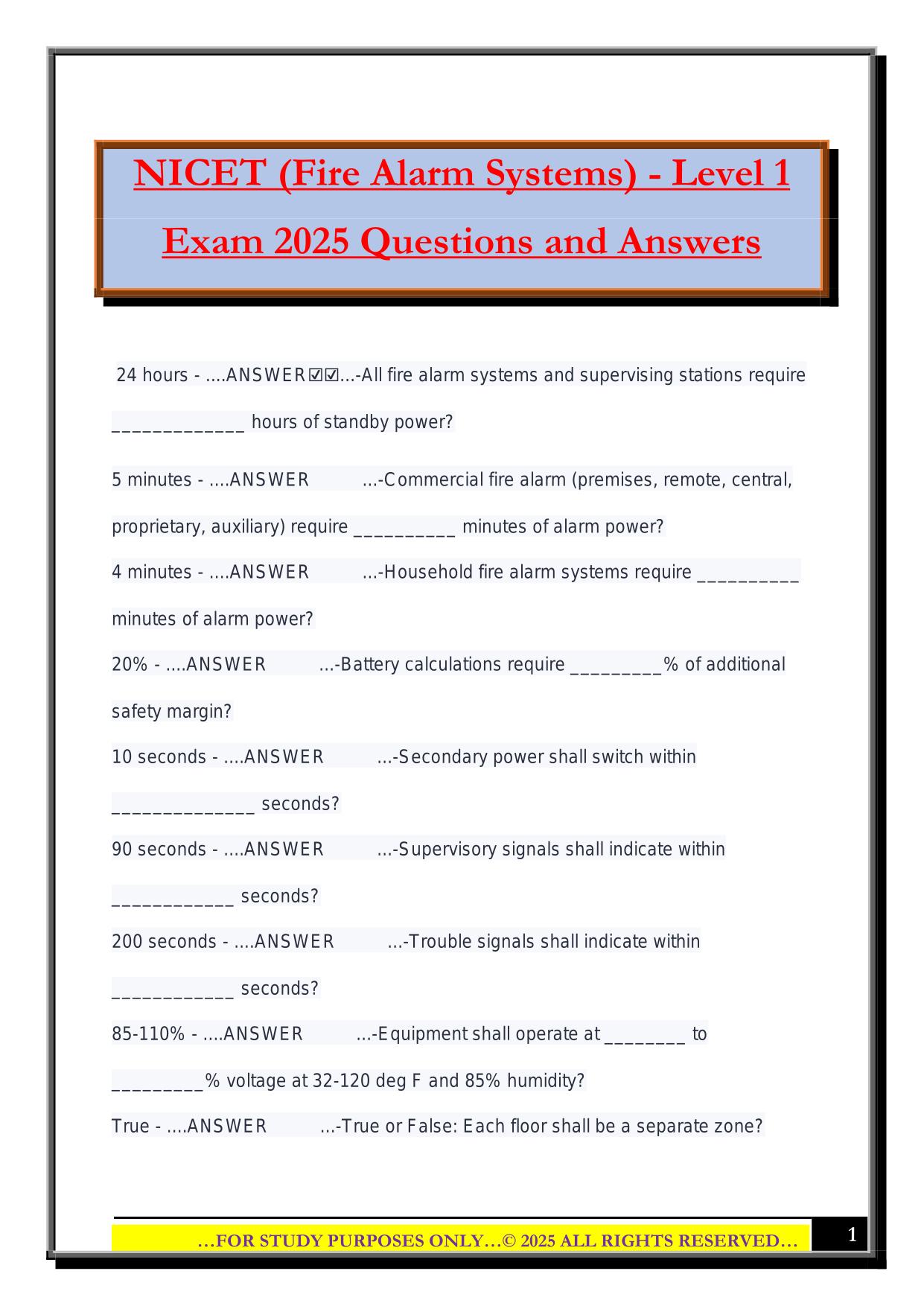 NICET (Fire Alarm Systems) - Level 1 Exam 2025 Questions and Answers