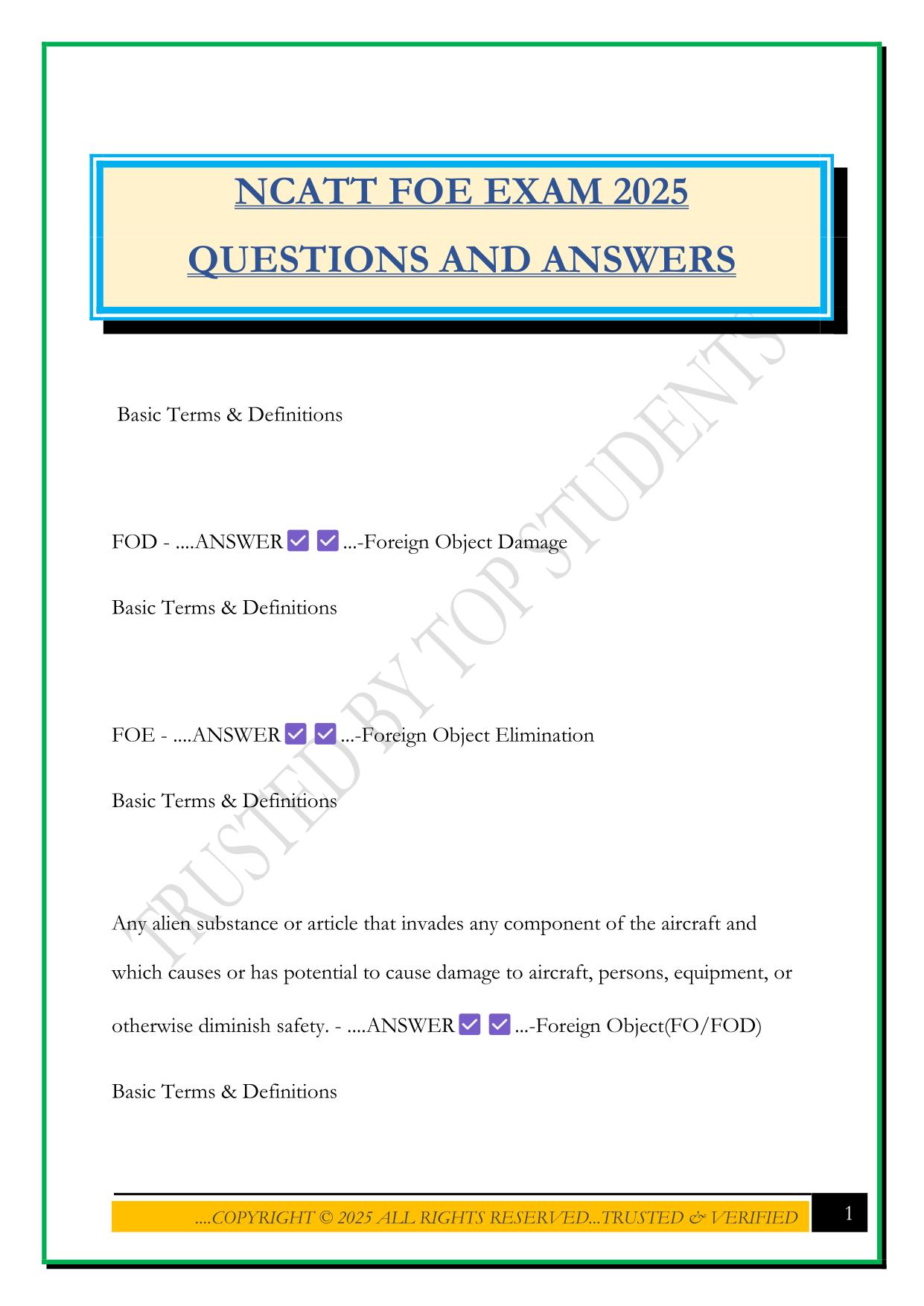 NCATT FOE EXAM 2025 QUESTIONS AND ANSWERS