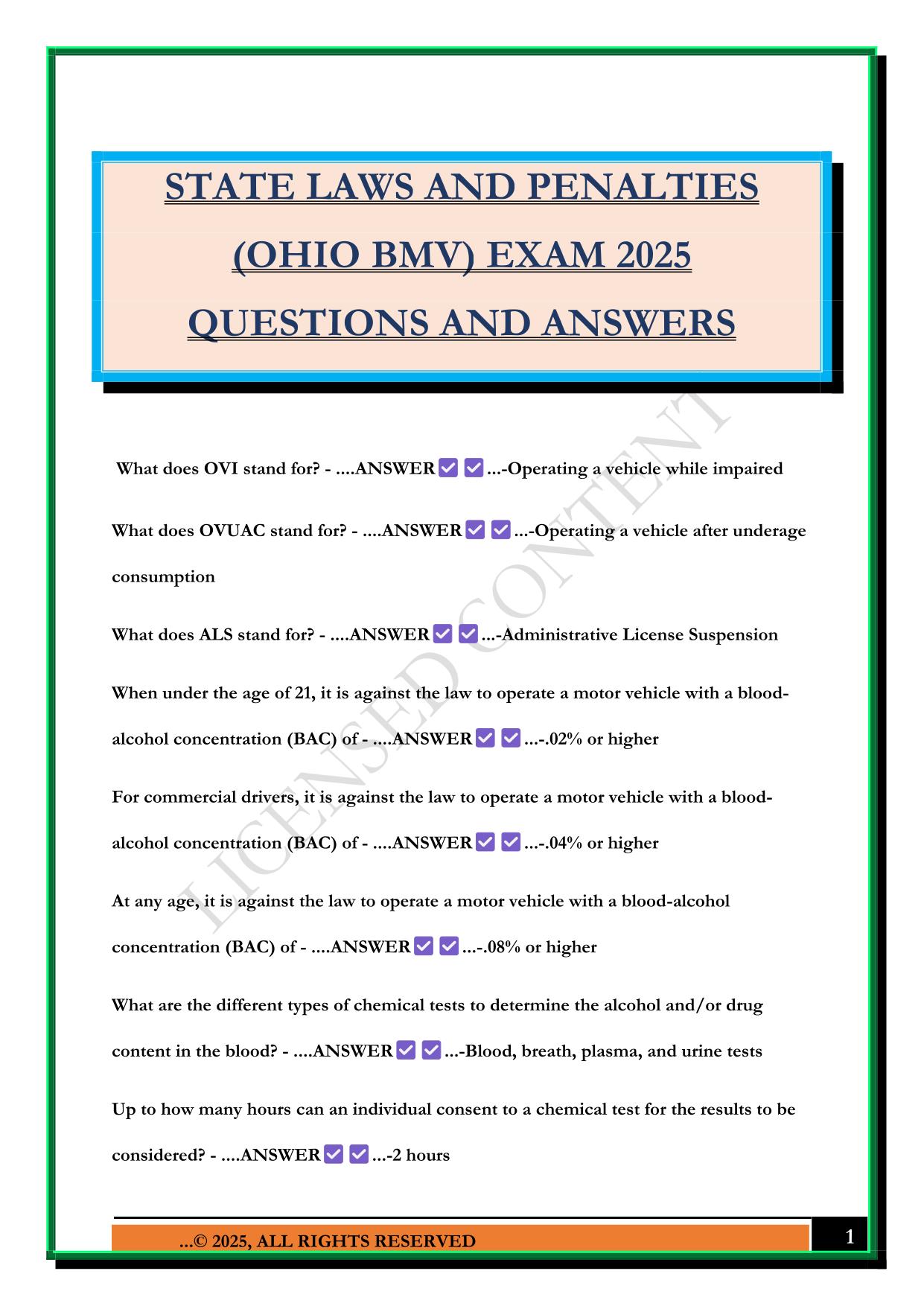 STATE LAWS AND PENALTIES (OHIO BMV) EXAM 2025 QUESTIONS AND ANSWERS