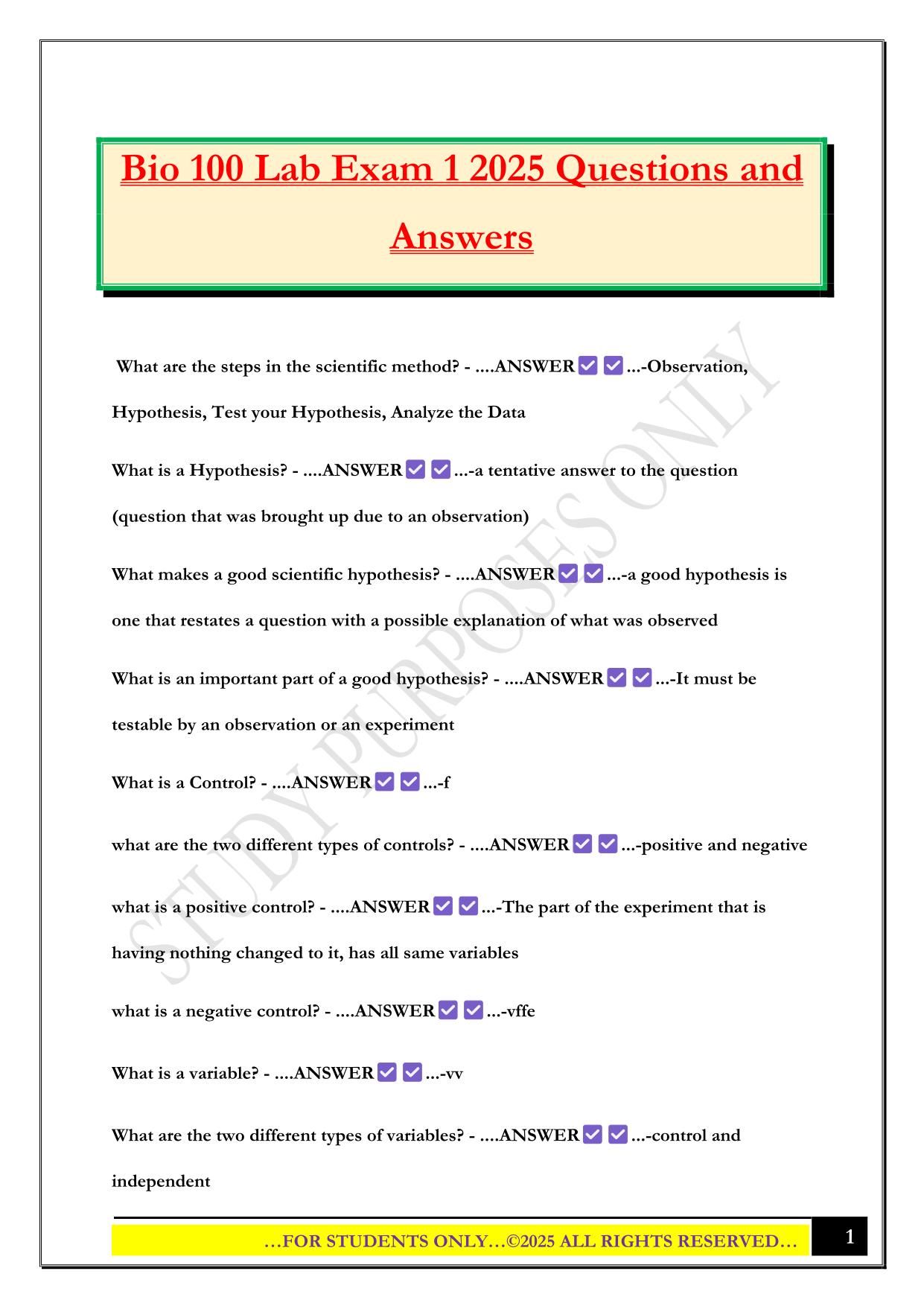 Bio 100 Lab Exam 1 2025 Questions and Answers