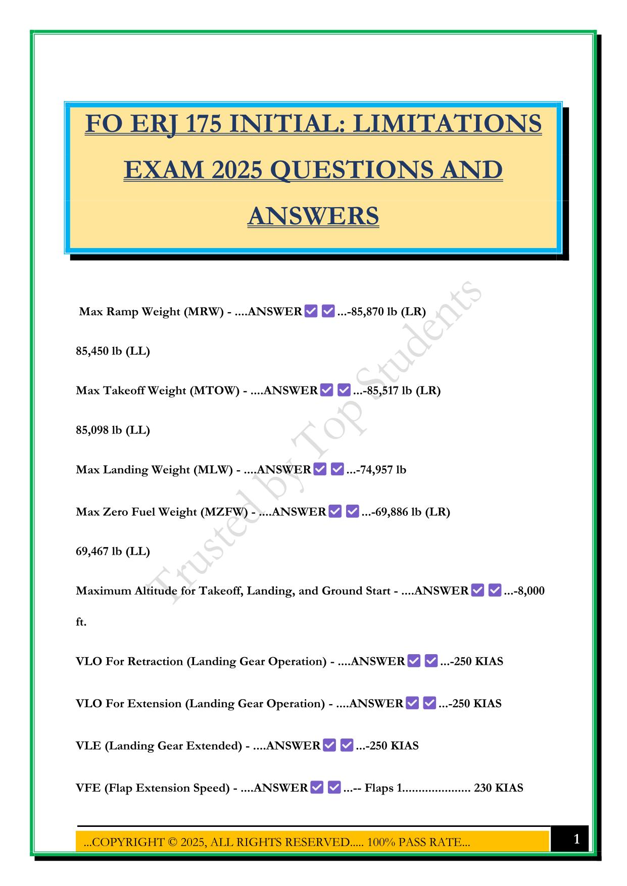 FO ERJ 175 INITIAL: LIMITATIONS EXAM 2025 QUESTIONS AND ANSWERS