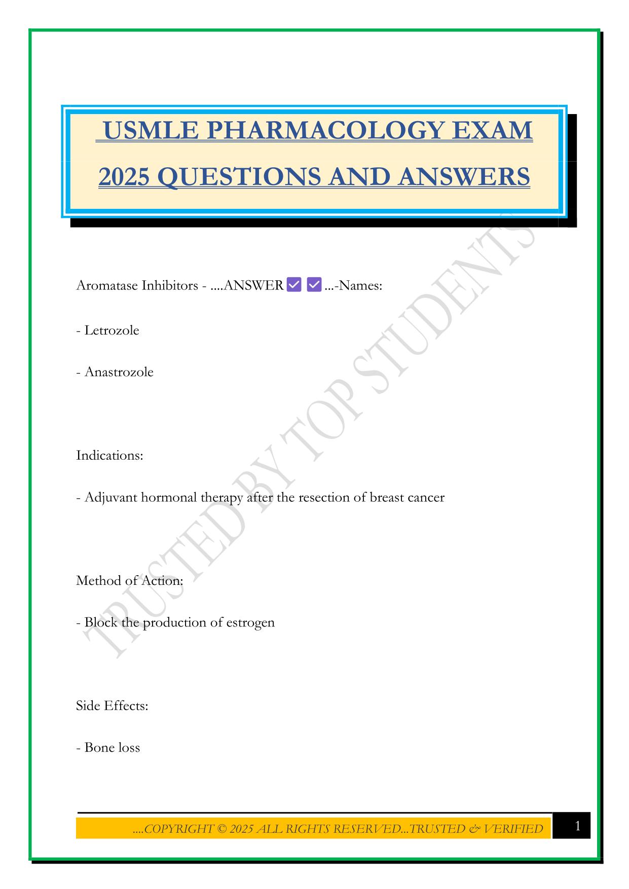 USMLE PHARMACOLOGY EXAM 2025 QUESTIONS AND ANSWERS