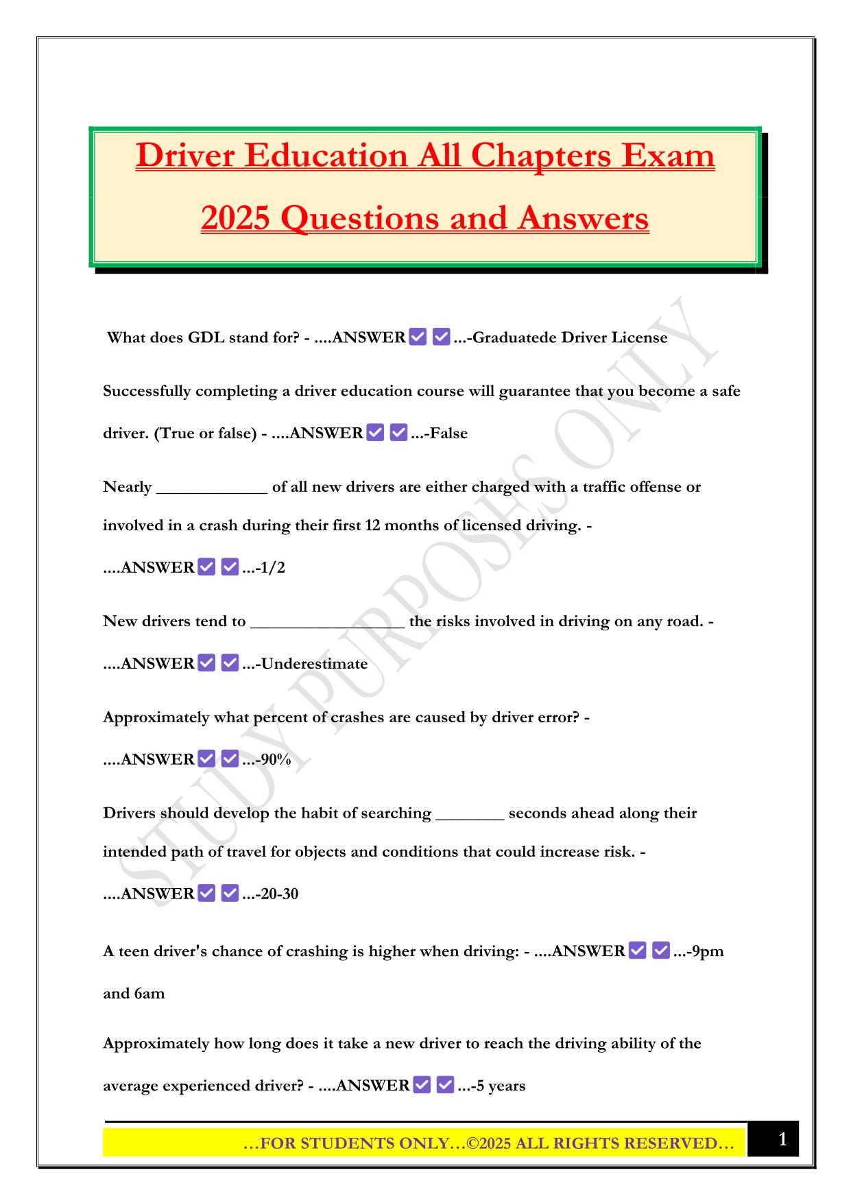 Driver Education All Chapters Exam 2025 Questions and Answers