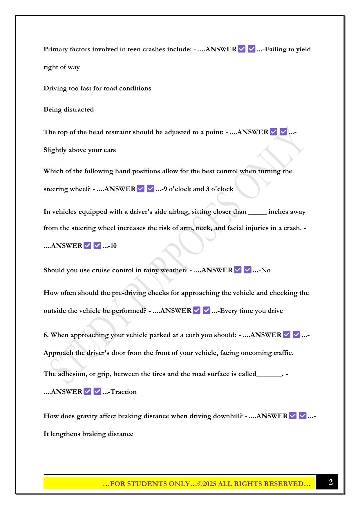 Driver Education All Chapters Exam 2025 Questions and Answers