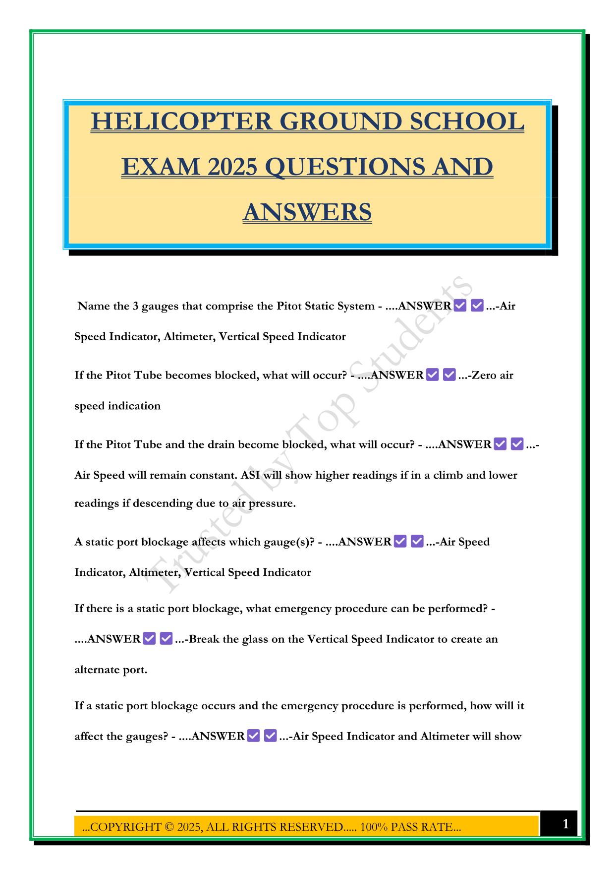 HELICOPTER GROUND SCHOOL EXAM 2025 QUESTIONS AND ANSWERS