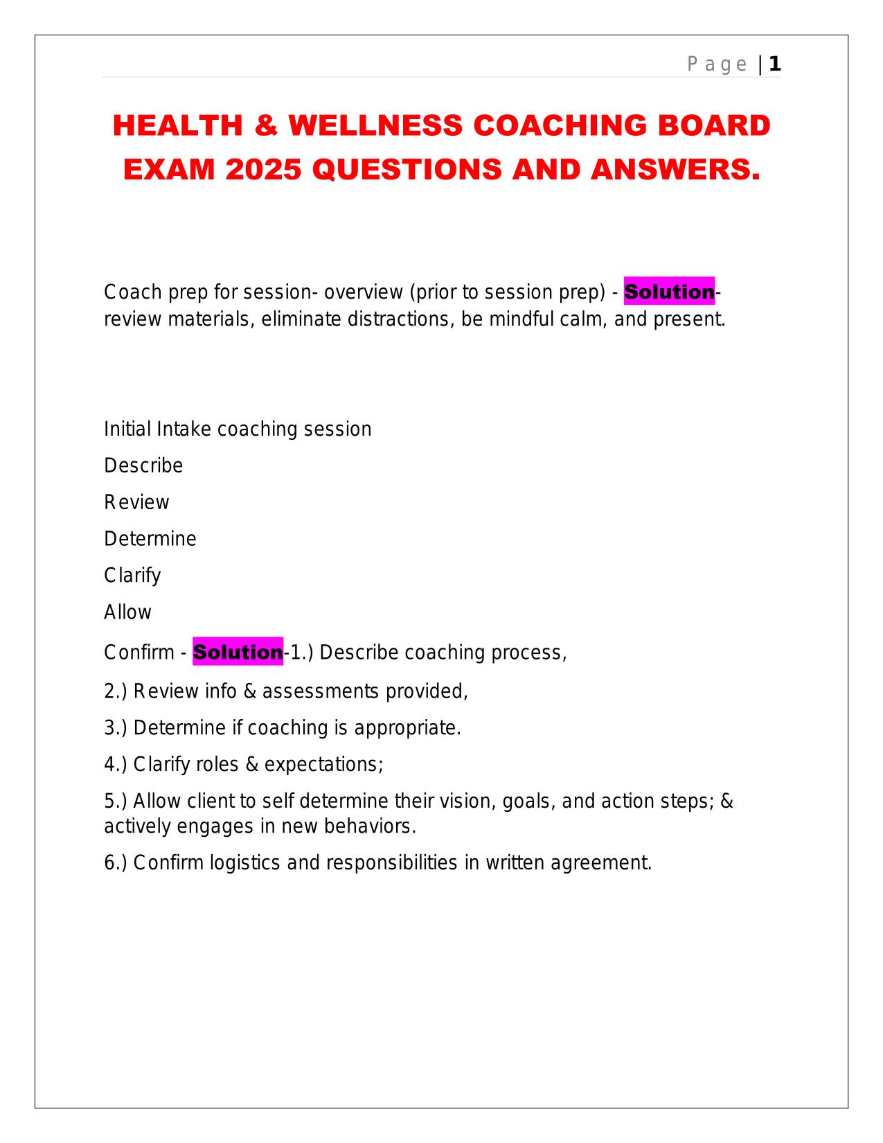 HEALTH & WELLNESS COACHING BOARD EXAM 2025 QUESTIONS AND ANSWERS.
