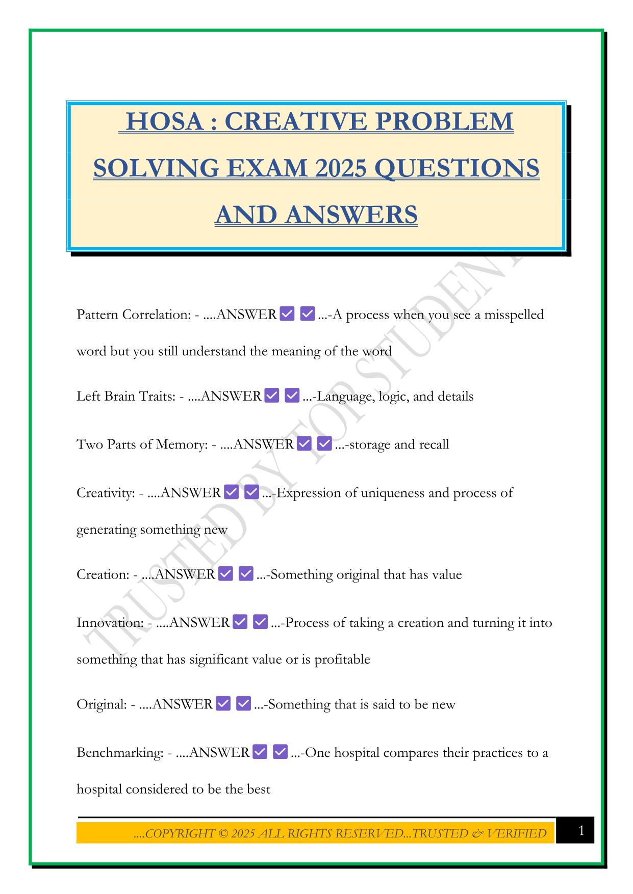 HOSA : CREATIVE PROBLEM SOLVING EXAM 2025 QUESTIONS AND ANSWERS