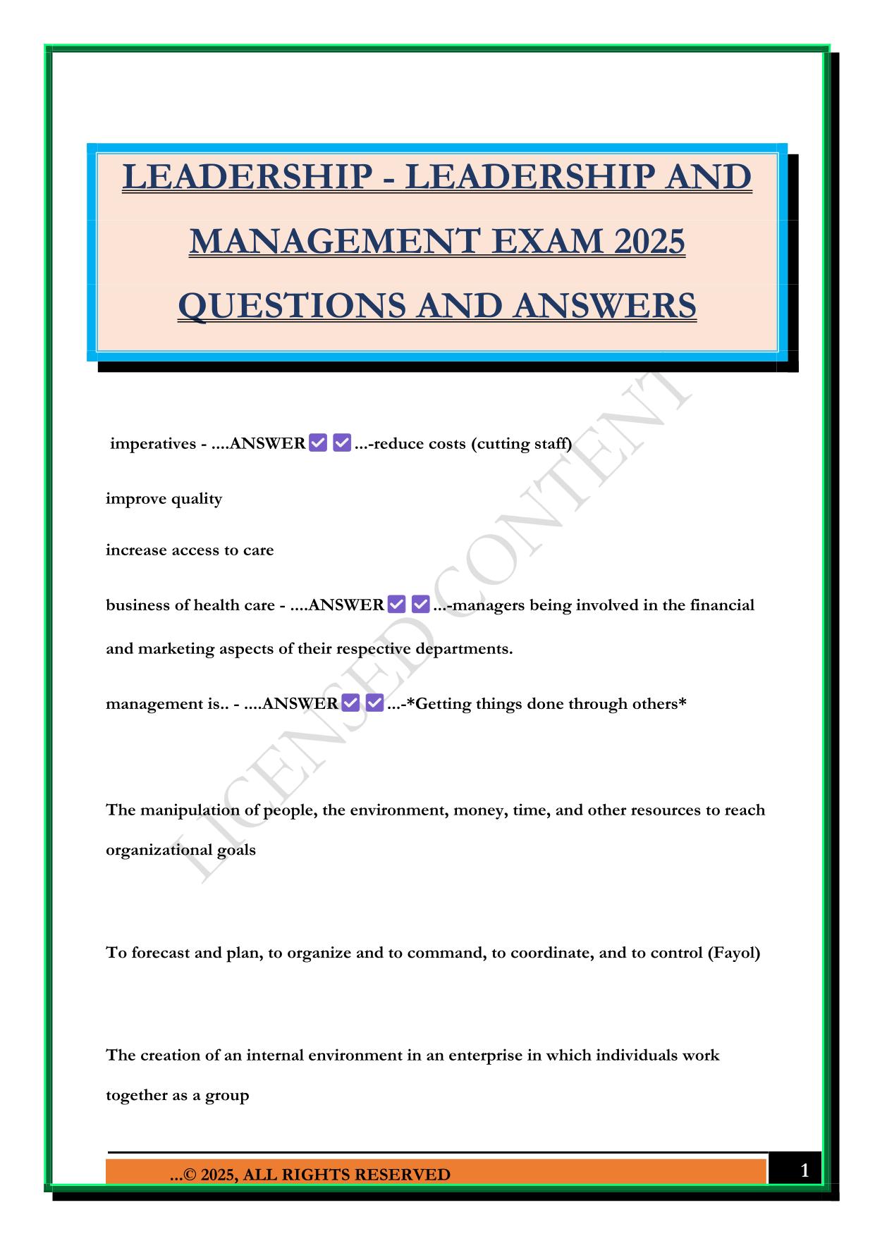  LEADERSHIP - LEADERSHIP AND MANAGEMENT EXAM 2025 QUESTIONS AND ANSWERS