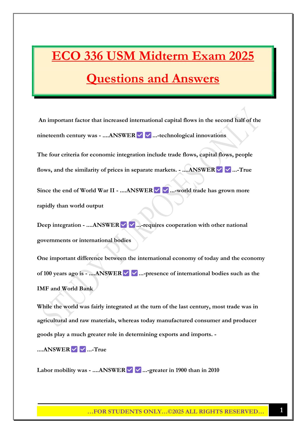 ECO 336 USM Midterm Exam 2025 Questions and Answers