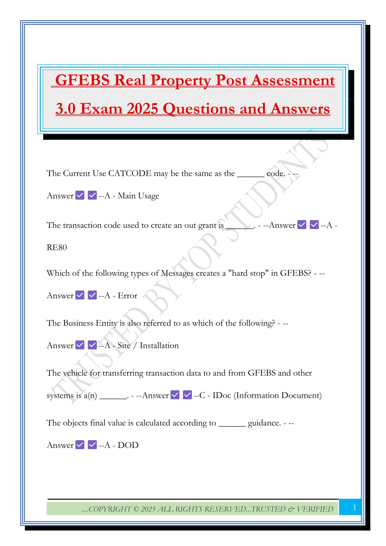 GFEBS Real Property Post Assessment 3.0 Exam 2025 Questions and Answers