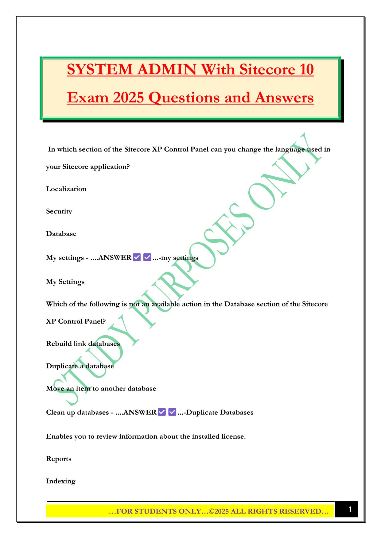 SYSTEM ADMIN With Sitecore 10 Exam 2025 Questions and Answers
