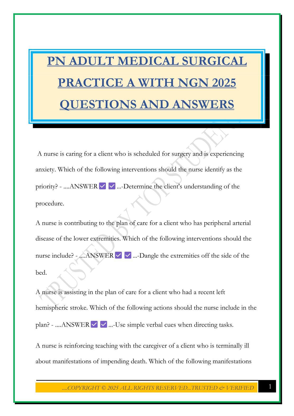 PN ADULT MEDICAL SURGICAL PRACTICE A WITH NGN 2025 QUESTIONS AND ANSWERS