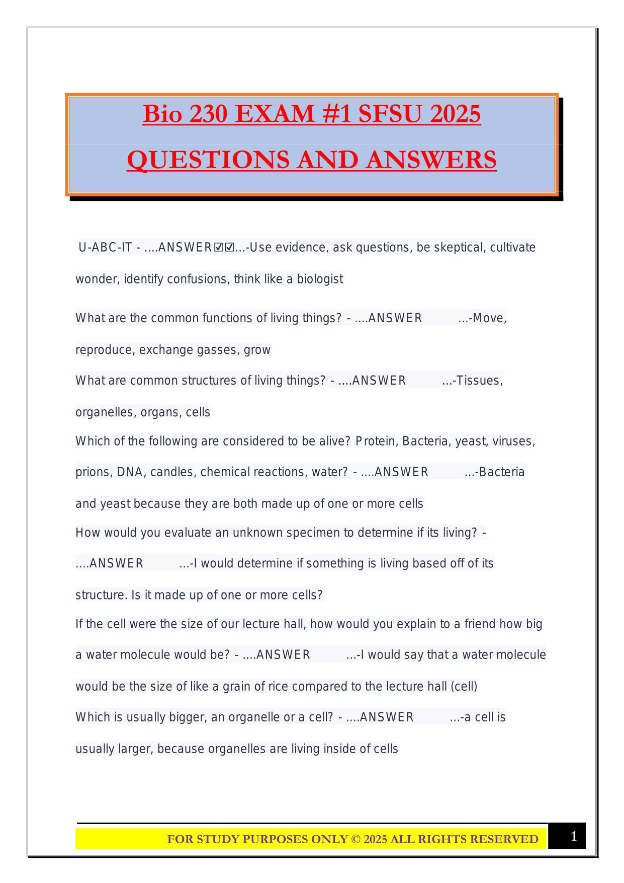 Bio 230 EXAM #1 SFSU 2025 QUESTIONS AND ANSWERS