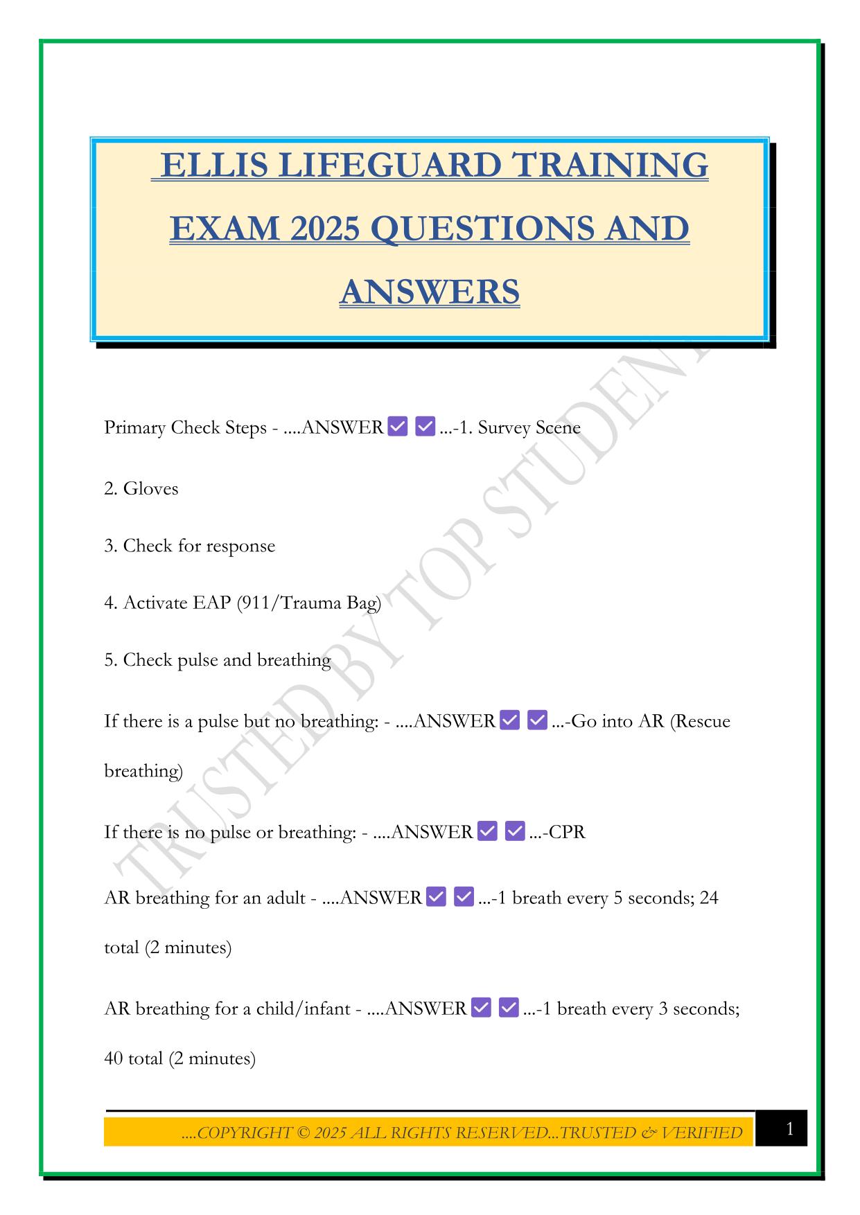 ELLIS LIFEGUARD TRAINING EXAM 2025 QUESTIONS AND ANSWERS
