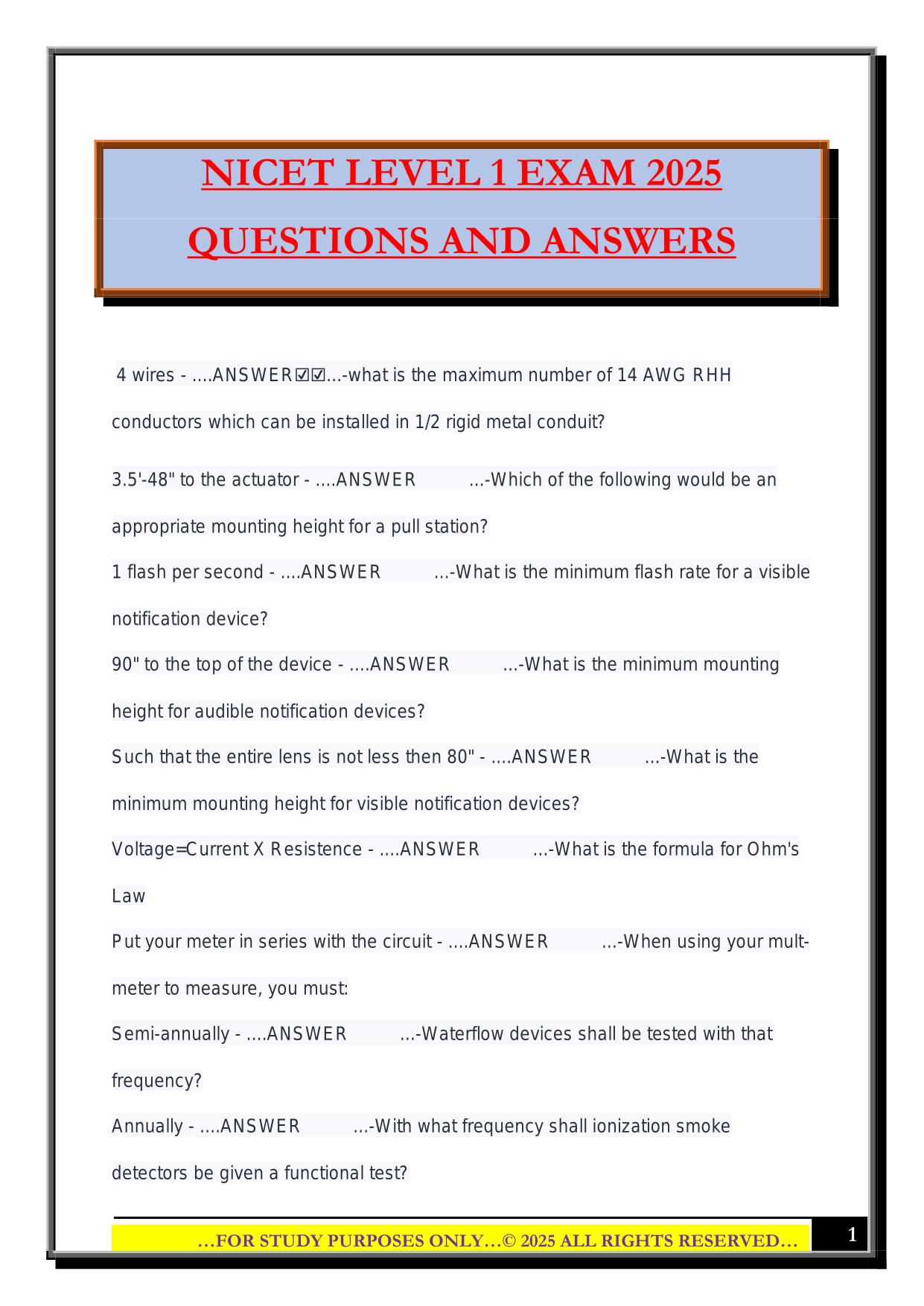 NICET LEVEL 1 EXAM 2025 QUESTIONS AND ANSWERS