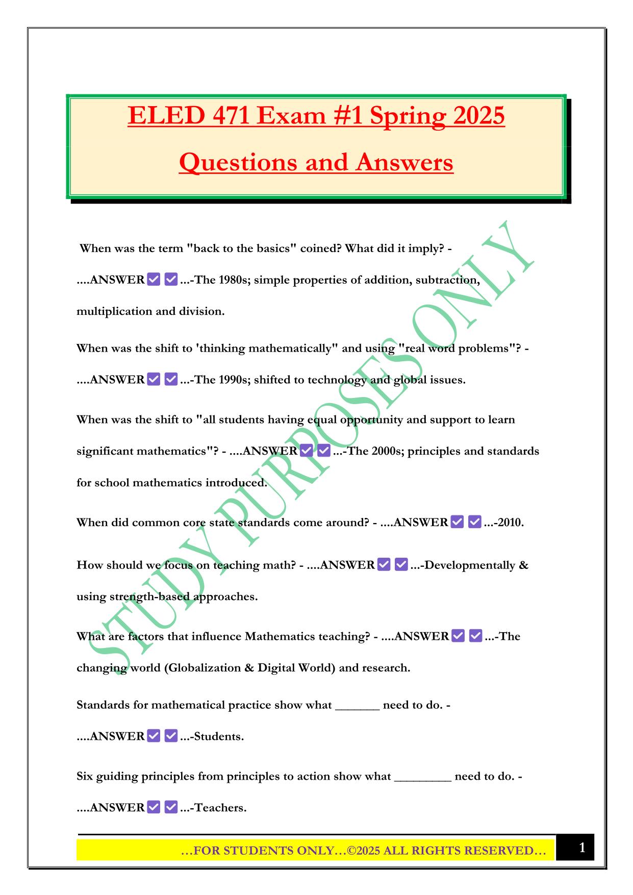 ELED 471 Exam #1 Spring 2025 Questions and Answers