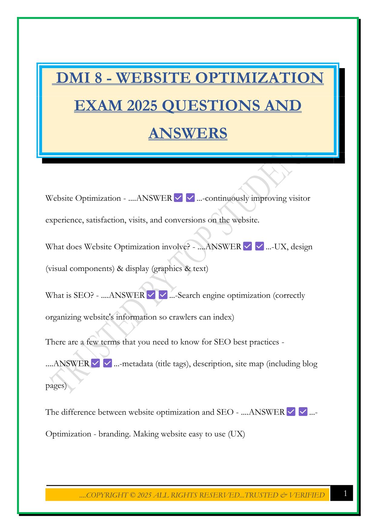 DMI 8 - WEBSITE OPTIMIZATION EXAM 2025 QUESTIONS AND ANSWERS