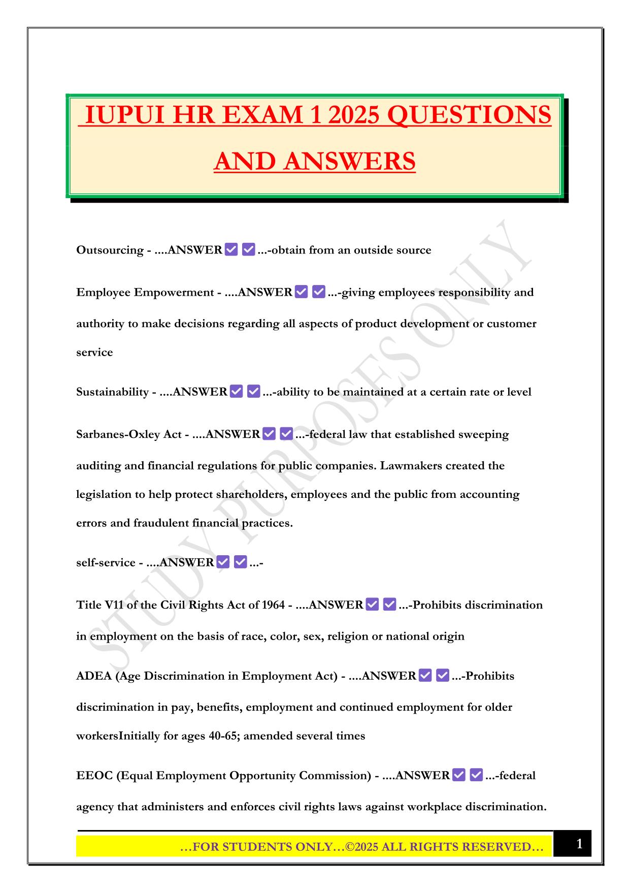 IUPUI HR EXAM 1 2025 QUESTIONS AND ANSWERS