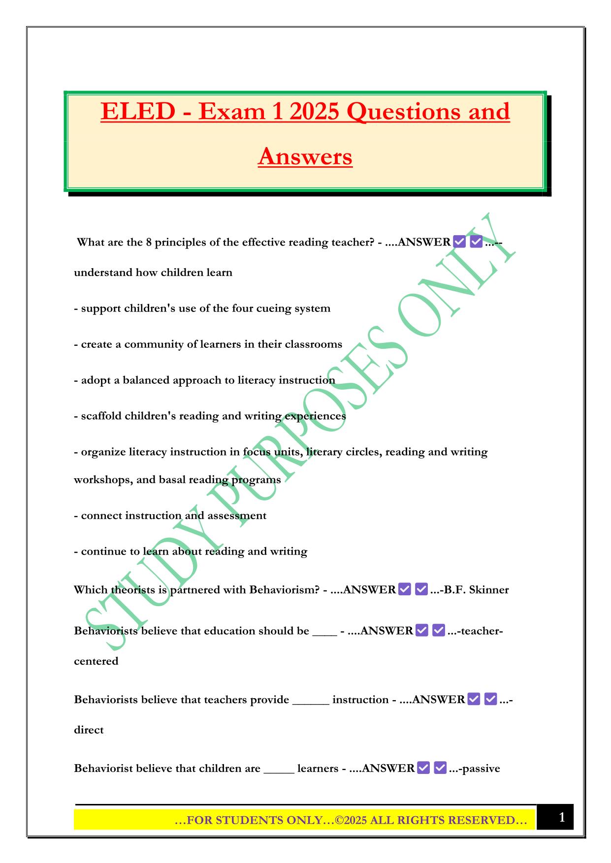 ELED - Exam 1 2025 Questions and Answers