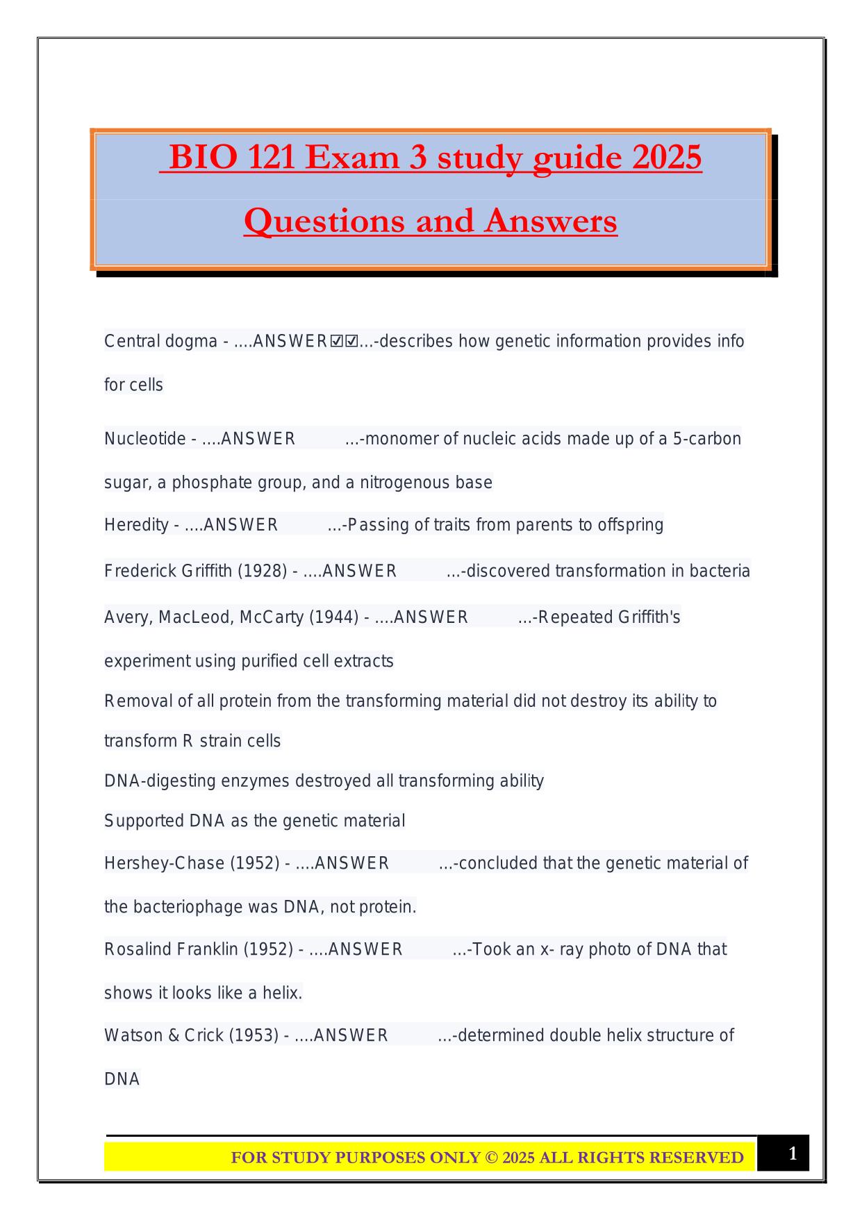 BIO 121 Exam 3 study guide 2025 Questions and Answers