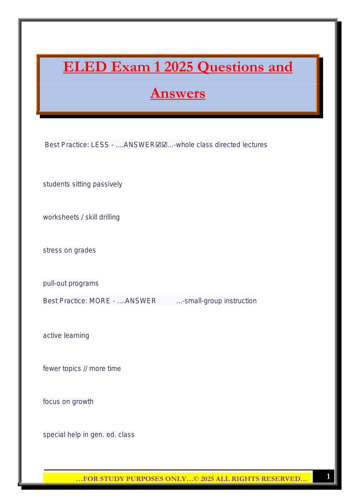ELED Exam 1 2025 Questions and Answers