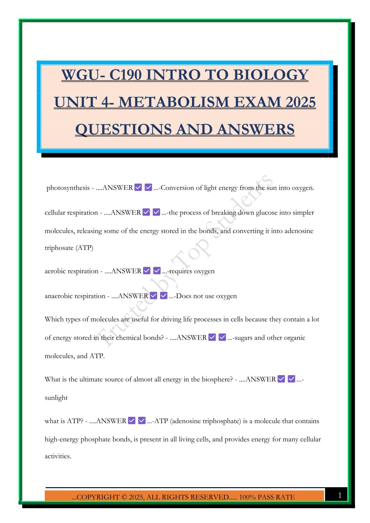 WGU- C190 INTRO TO BIOLOGY UNIT 4- METABOLISM EXAM 2025 QUESTIONS AND ANSWERS