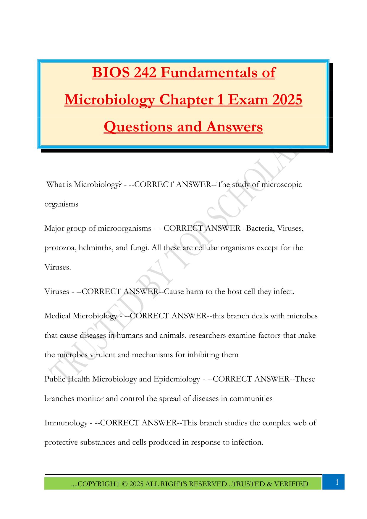 BIOS 242 Fundamentals of Microbiology Chapter 1 Exam 2025 Questions and Answers