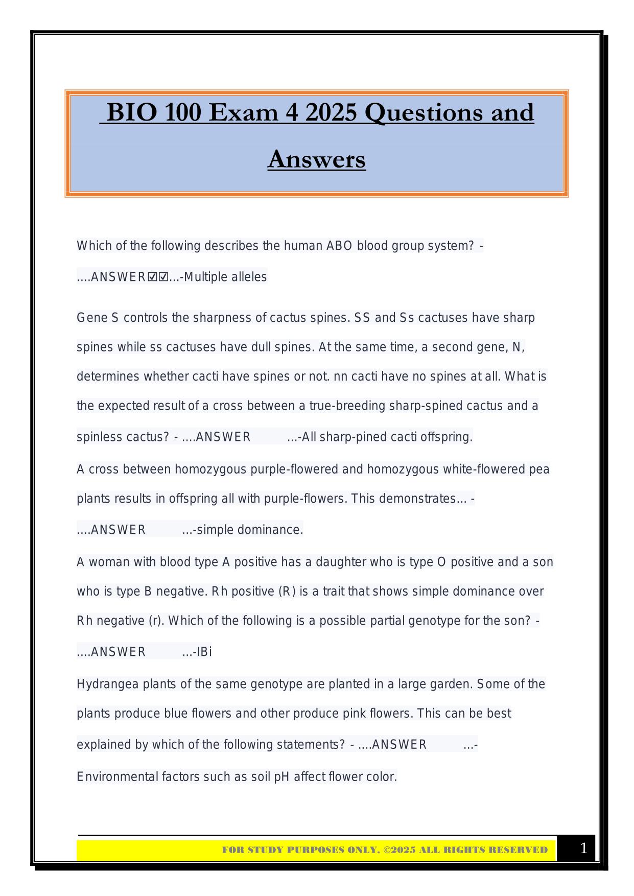 BIO 100 Exam 4 2025 Questions and Answers