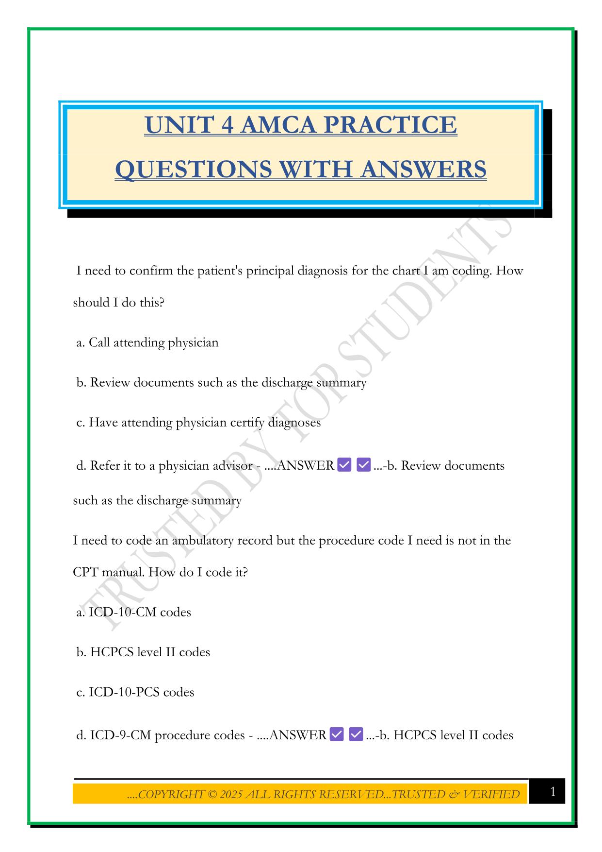 UNIT 4 AMCA PRACTICE QUESTIONS WITH ANSWERS
