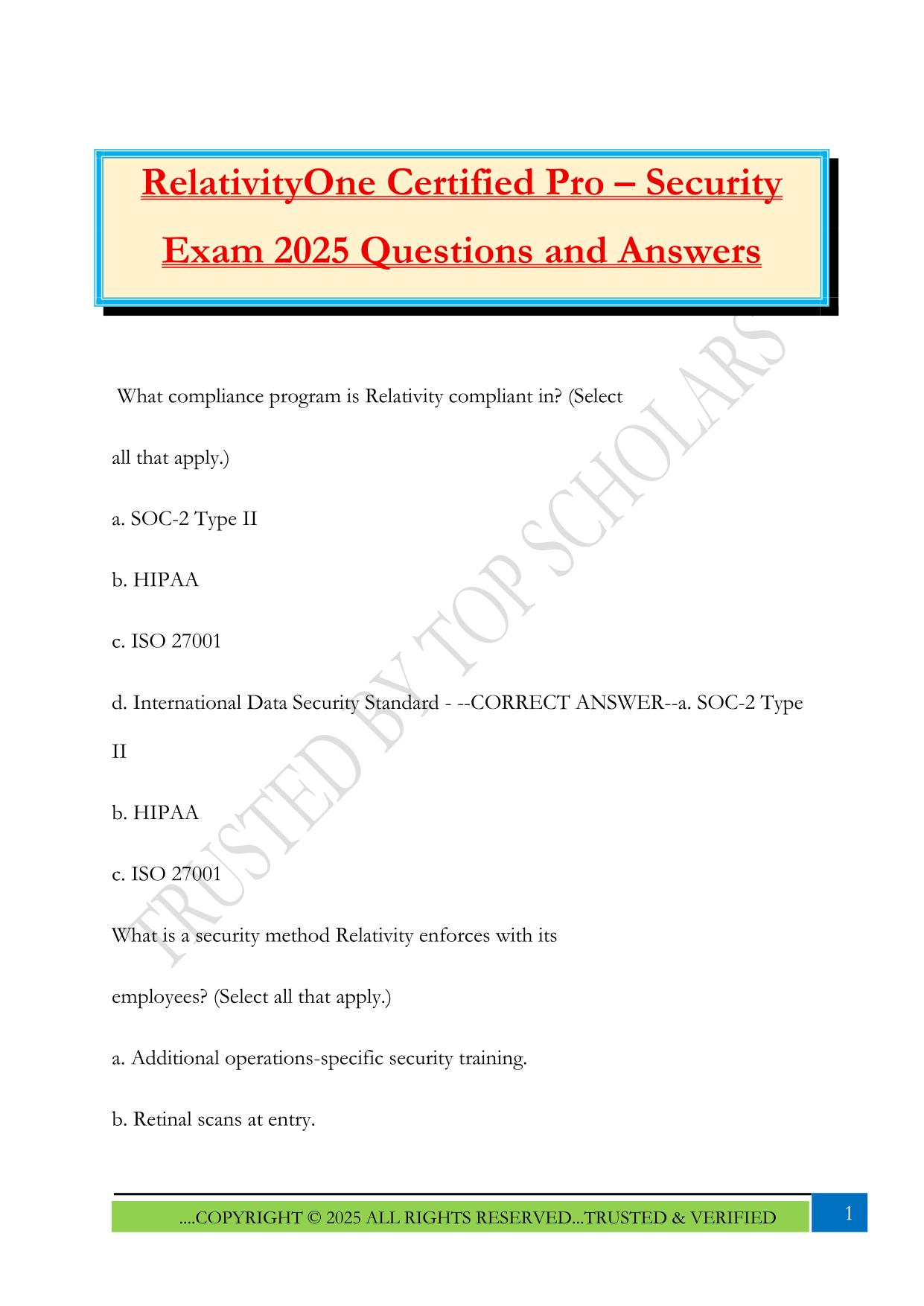 RelativityOne Certified Pro – Security Exam 2025 Questions and Answers